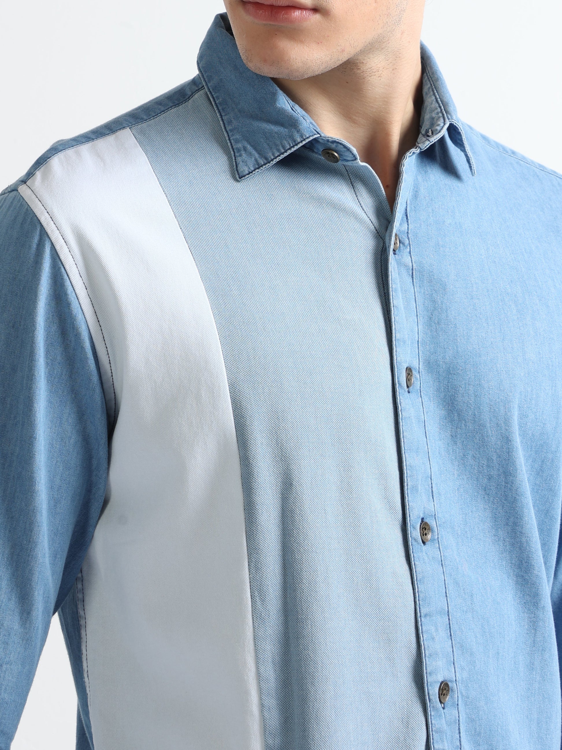 Buy Casual Color Block Ice Blue Denim Shirt Online.