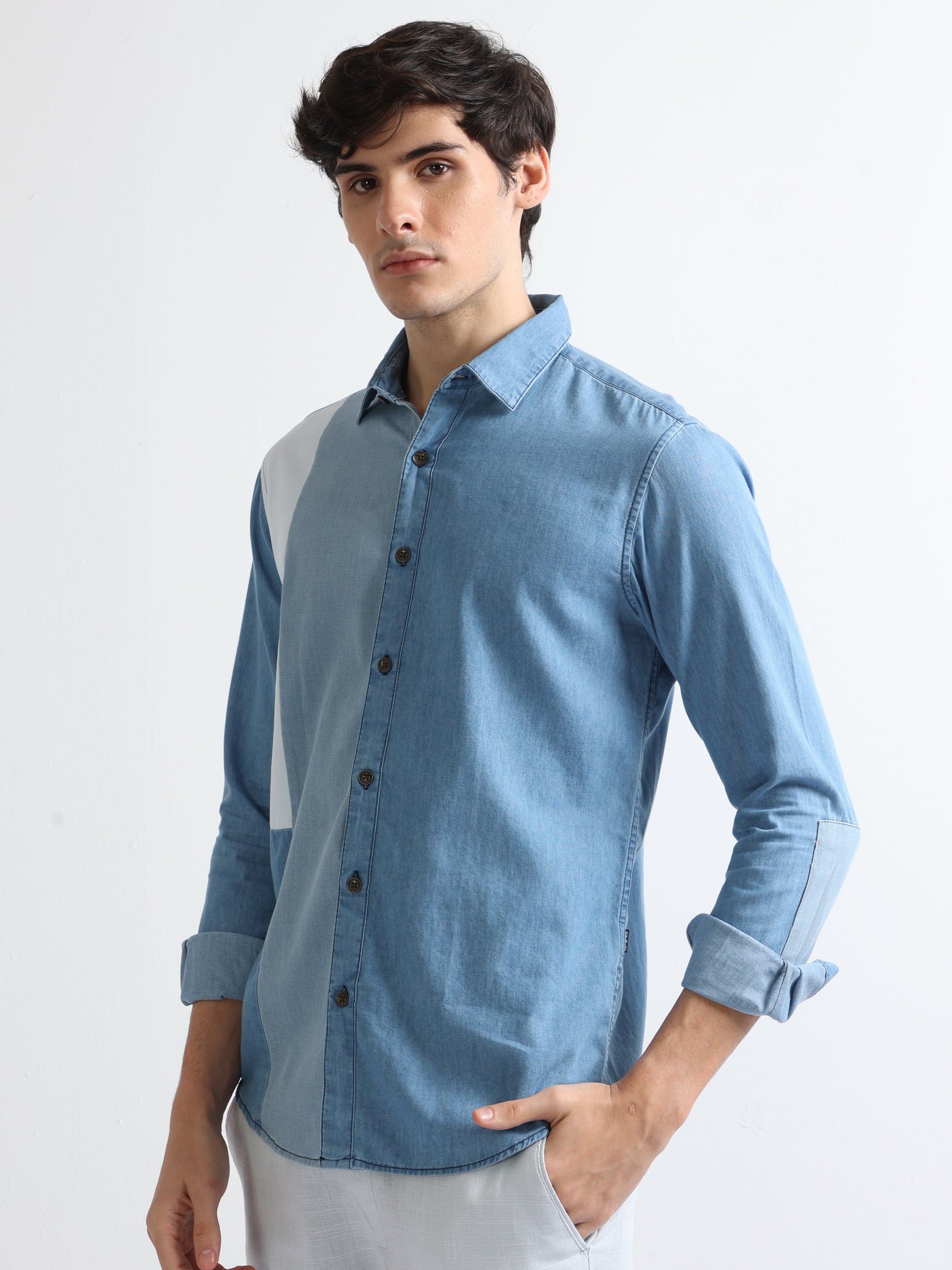 Buy Casual Color Block Ice Blue Denim Shirt Online.