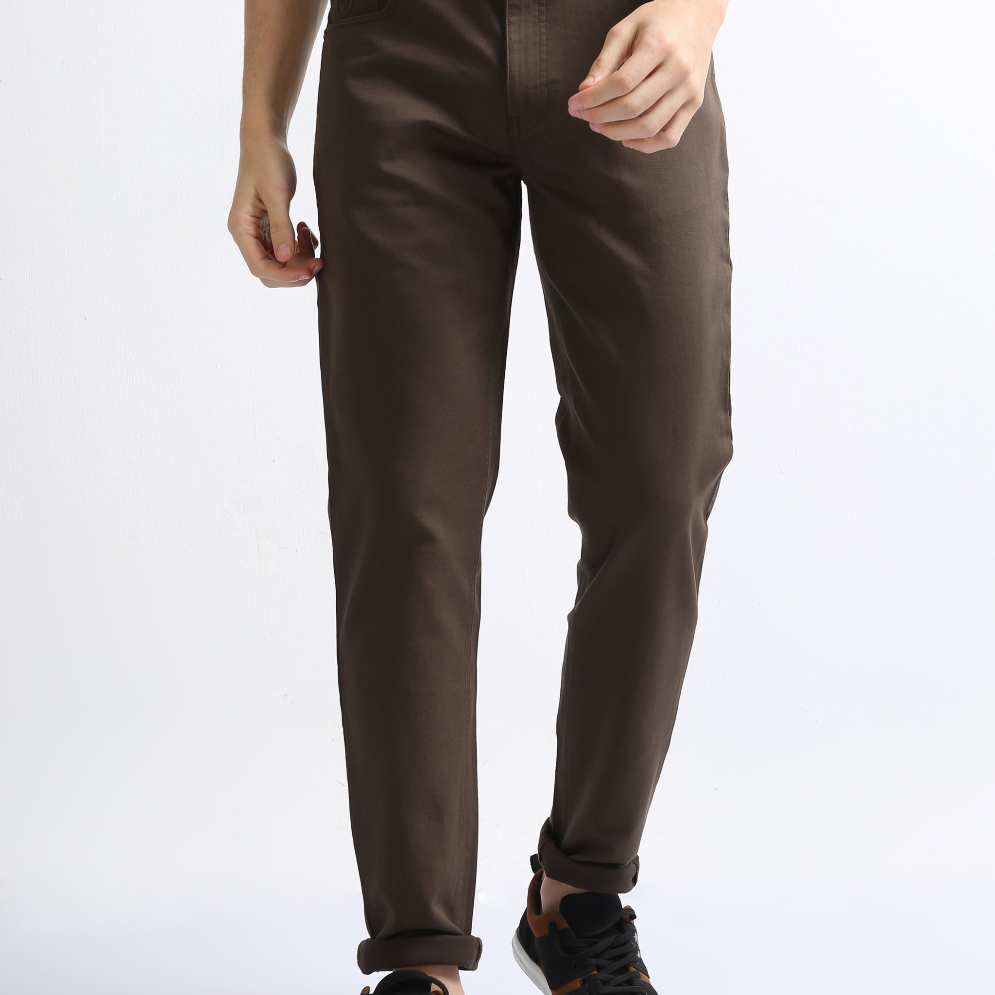 Brown Casual Cotton Stretch Men's Trousers