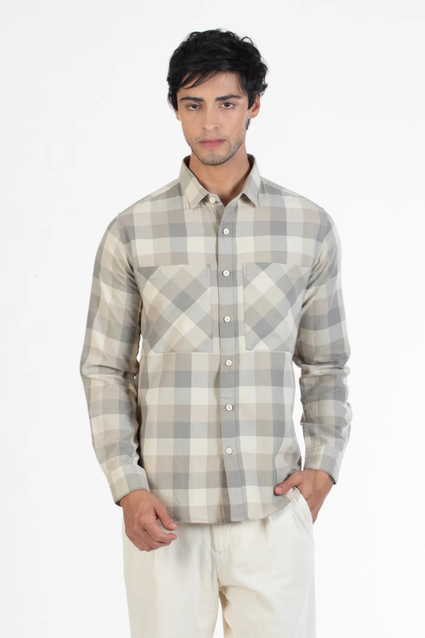 Beige Checkerboard Double Pocket Men's Checked Shirt