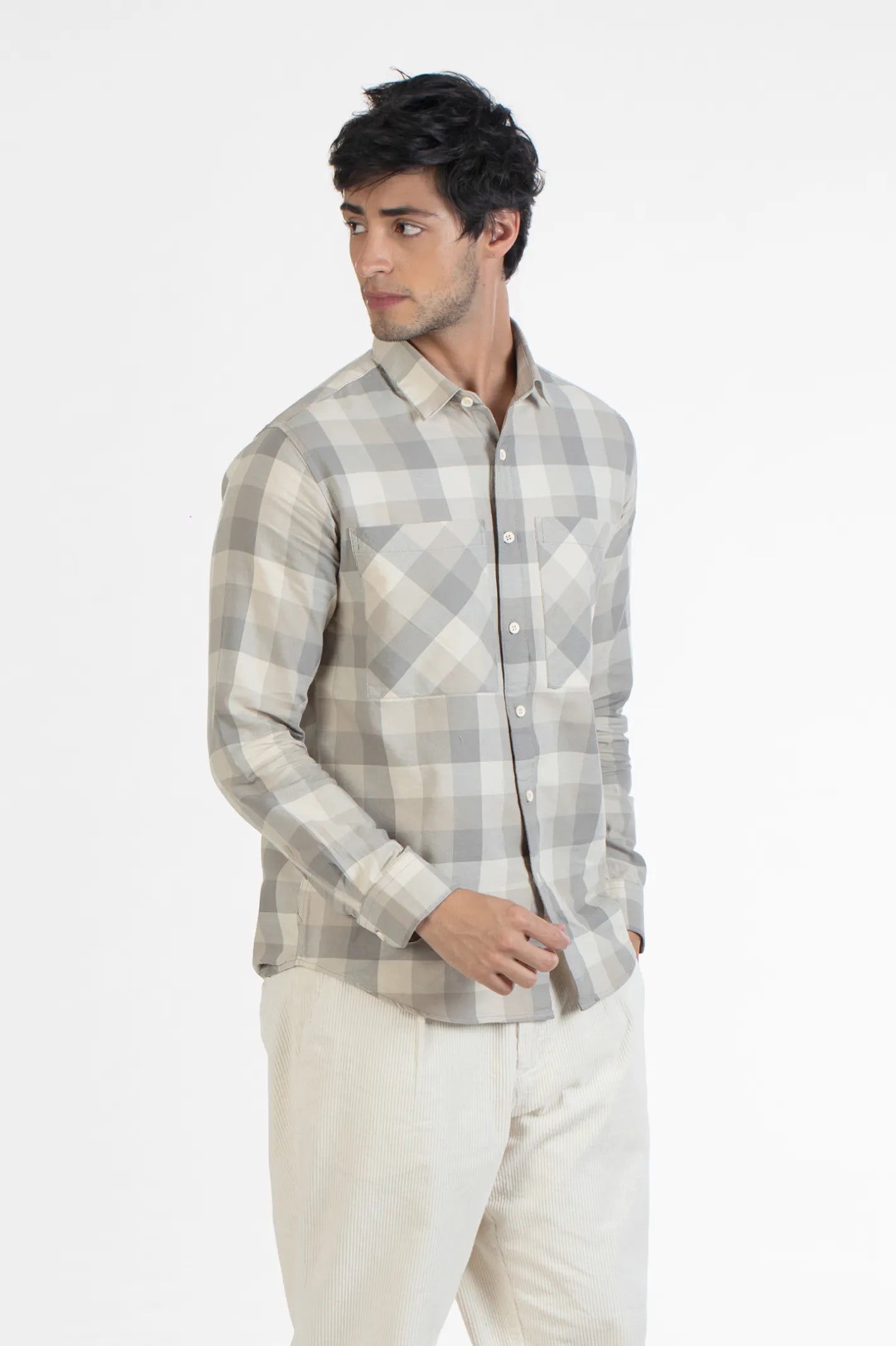 Beige Checkerboard Double Pocket Men's Checked Shirt