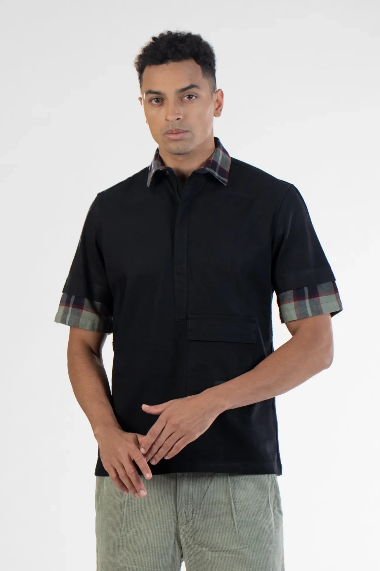 Black Checkered Collar Twill Men's Plain Shirt