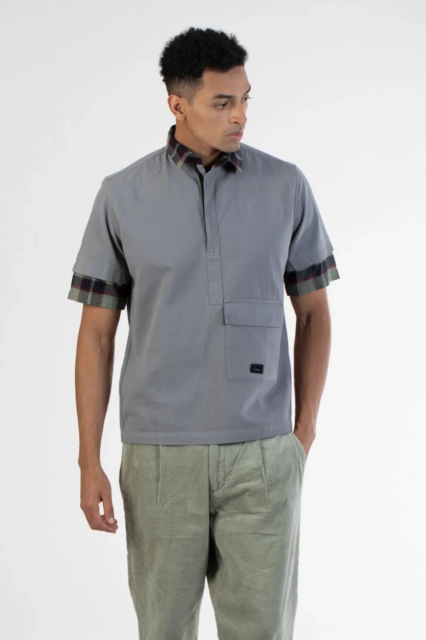 Grey Men's Checkered Collar Twill Plain Shirt