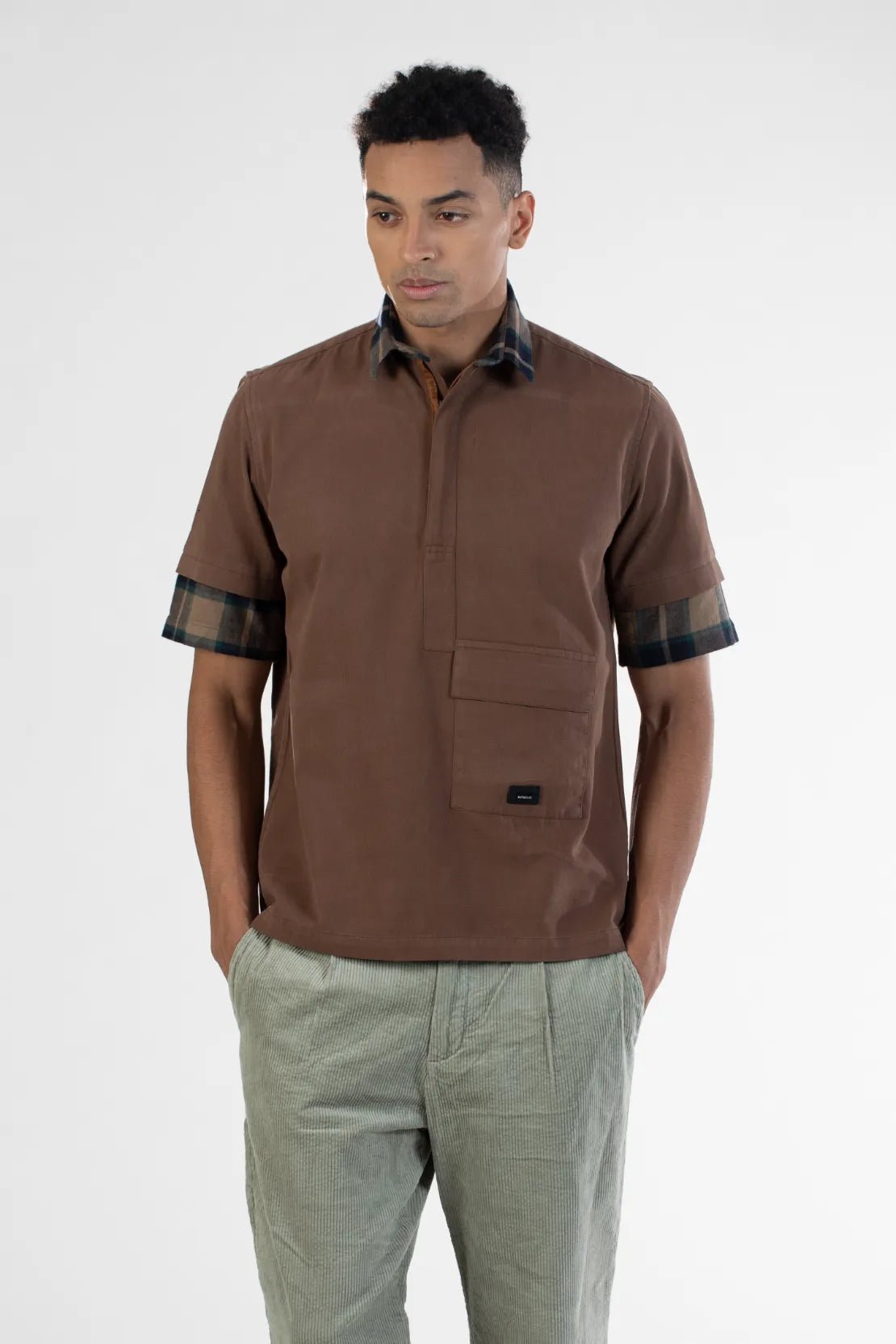 Men's Brown Checkered Collar Twill Plain Shirt