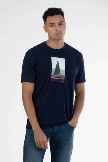 Navy Round Neck Men's Chest Printed T Shirt