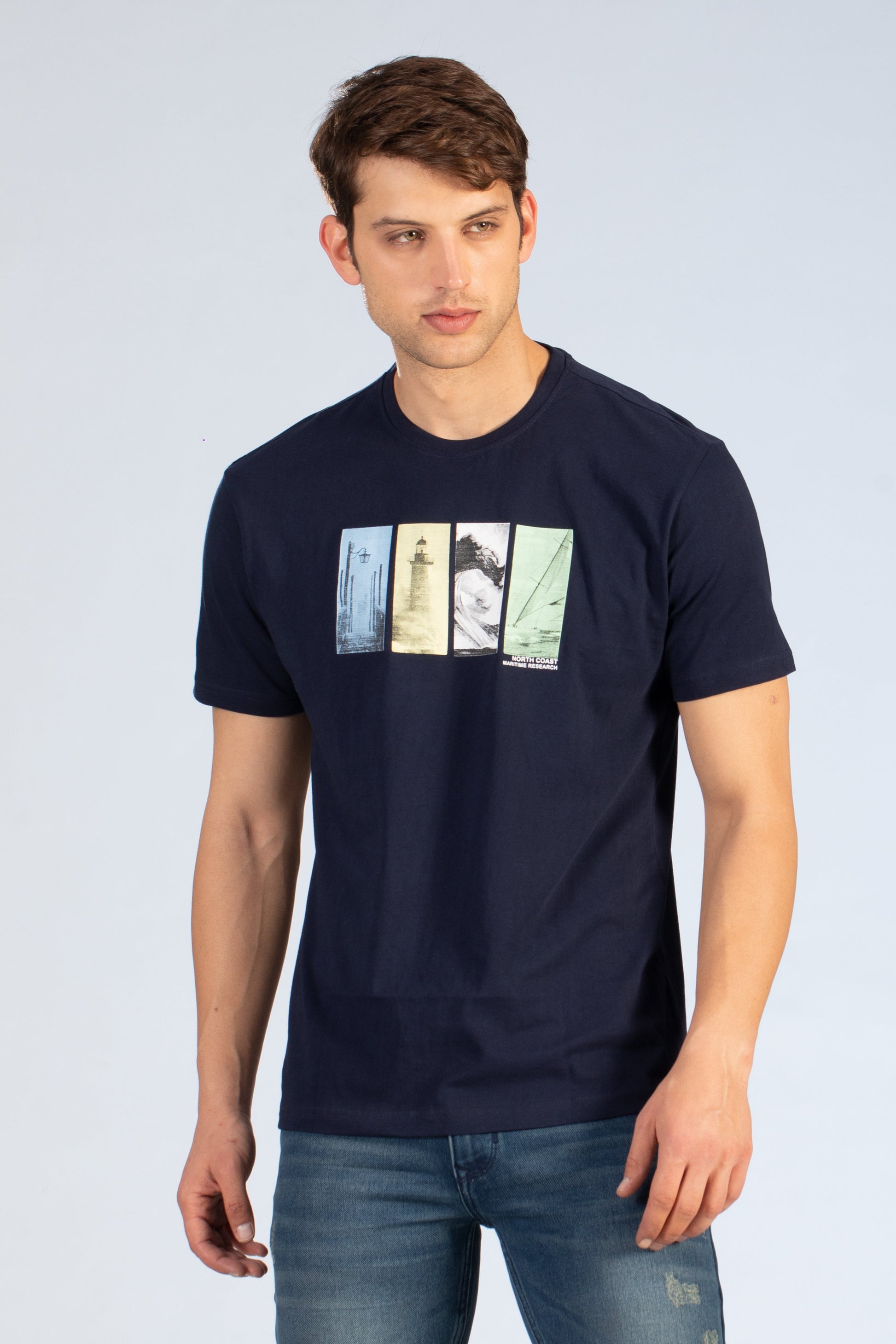 Navy Round Neck Chest Printed T Shirt