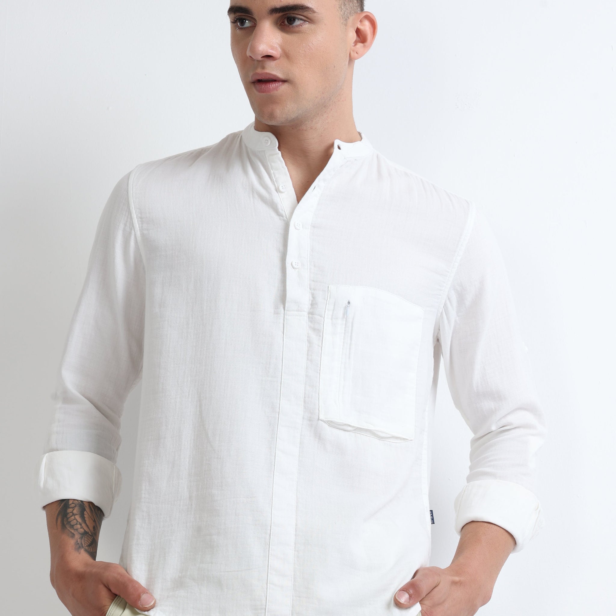White Men's Chinese Collar Brushed Stylish Plain Shirt
