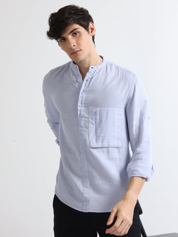 Sky Blue Chinese Collar Brushed Stylish Men's Plain Shirt
