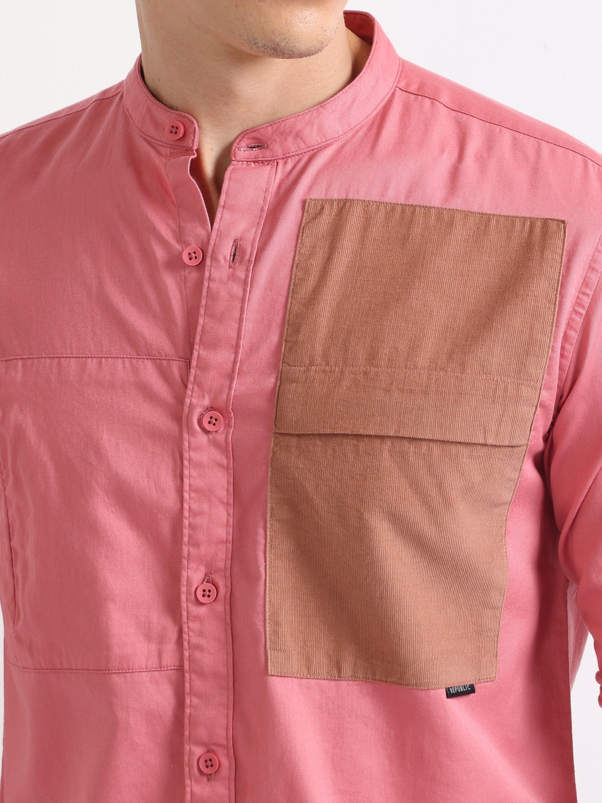 Pink Men's Chinese Collar Fashionable Double Pocket Shirt