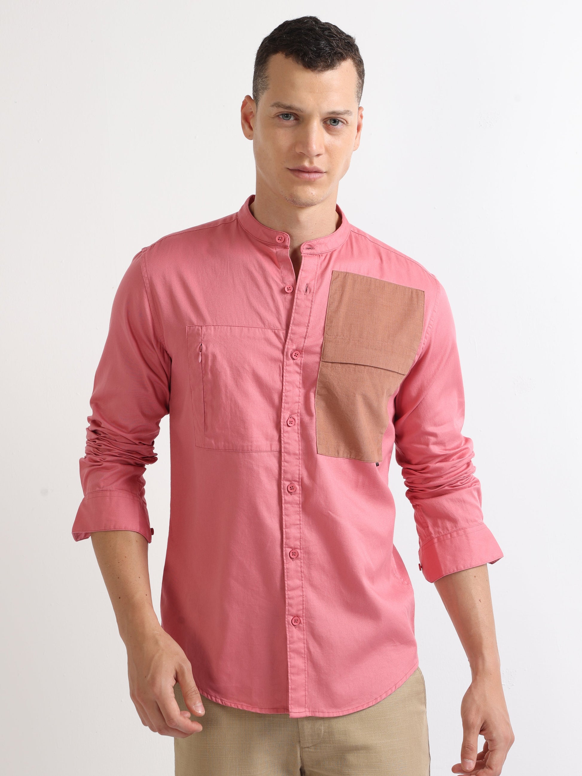 Pink Men's Chinese Collar Fashionable Double Pocket Shirt