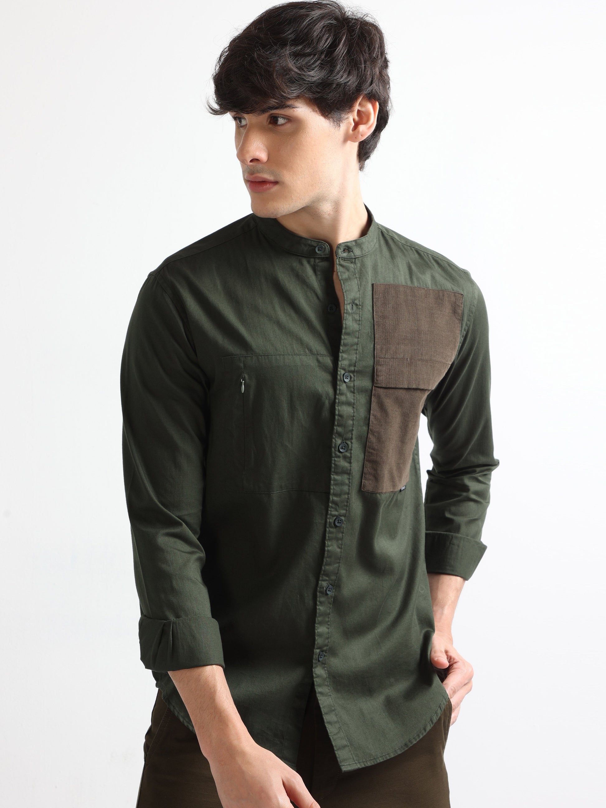 Buy Dark Green Chinese Collar Fashionable Double Pocket Plain Shirt Buy Dark Green Chinese Collar Fashionable Double Pocket Plain Shirt