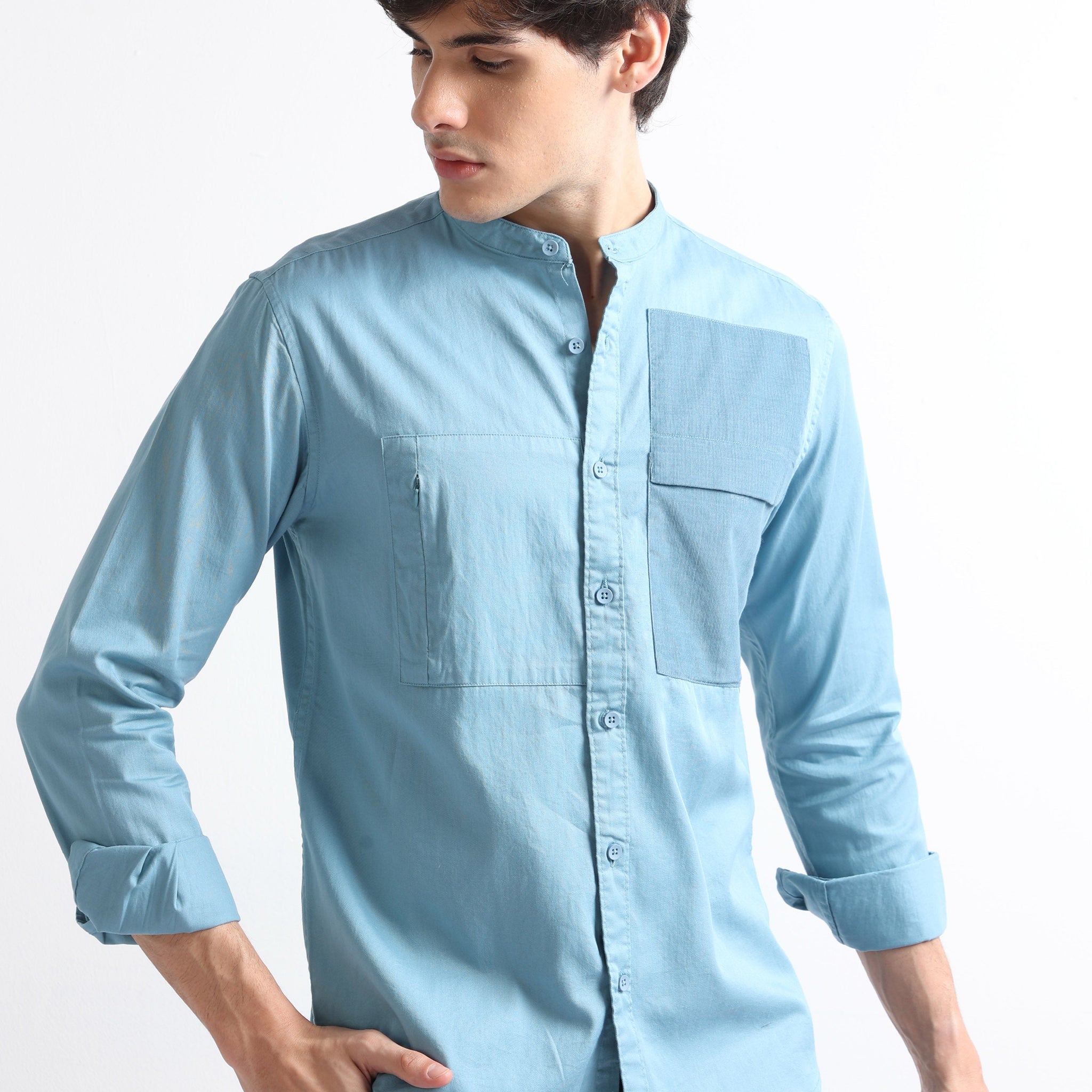 Blue Men's Chinese Collar Fashionable Double Pocket Plain Shirt