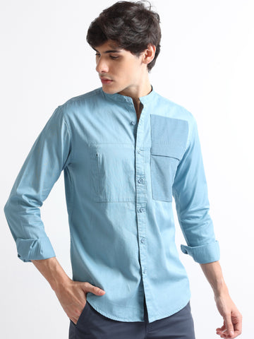 Blue Men's Chinese Collar Fashionable Double Pocket Plain Shirt