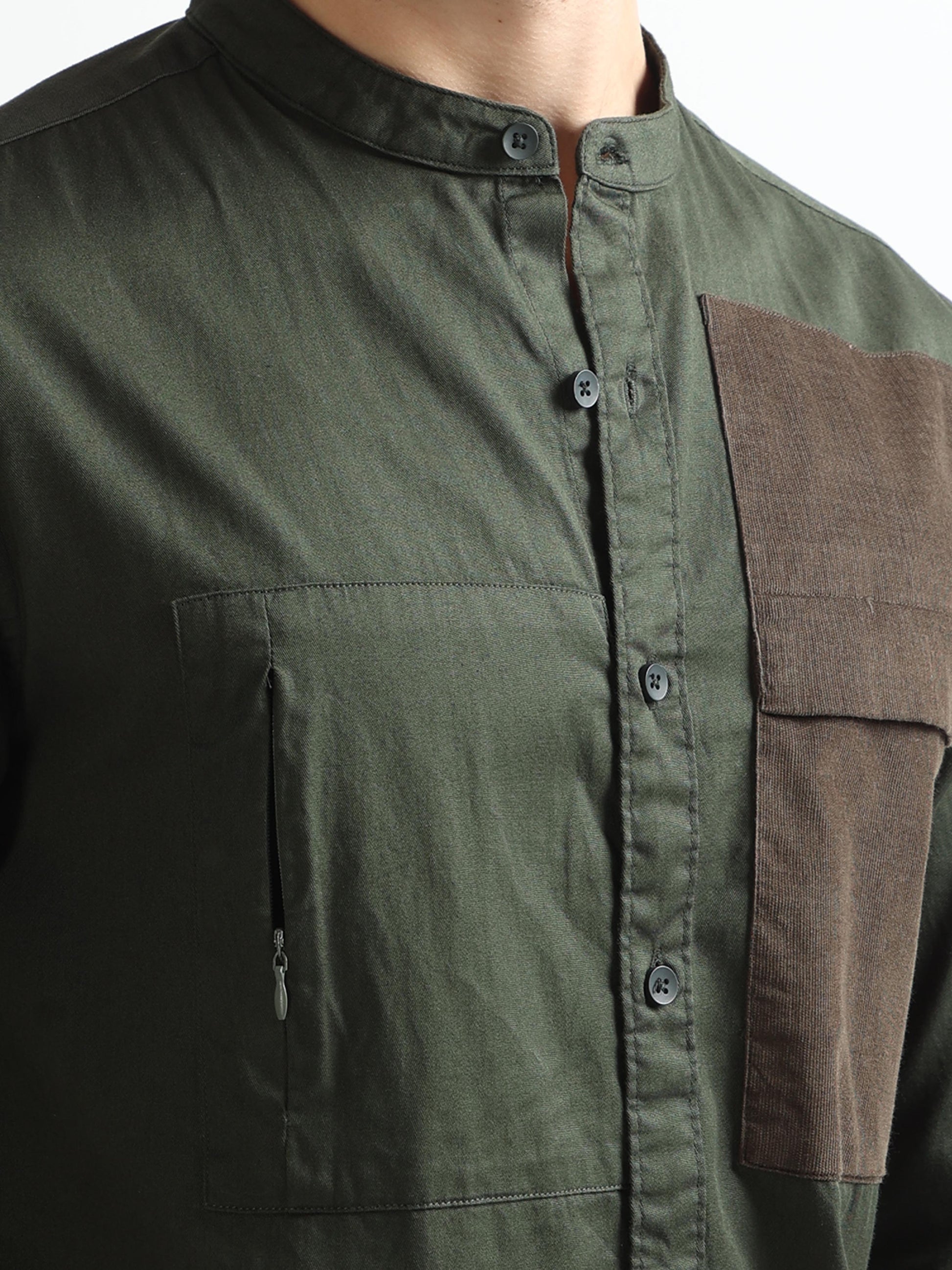 Dark Green Chinese Collar Fashionable Double Pocket Plain Shirt