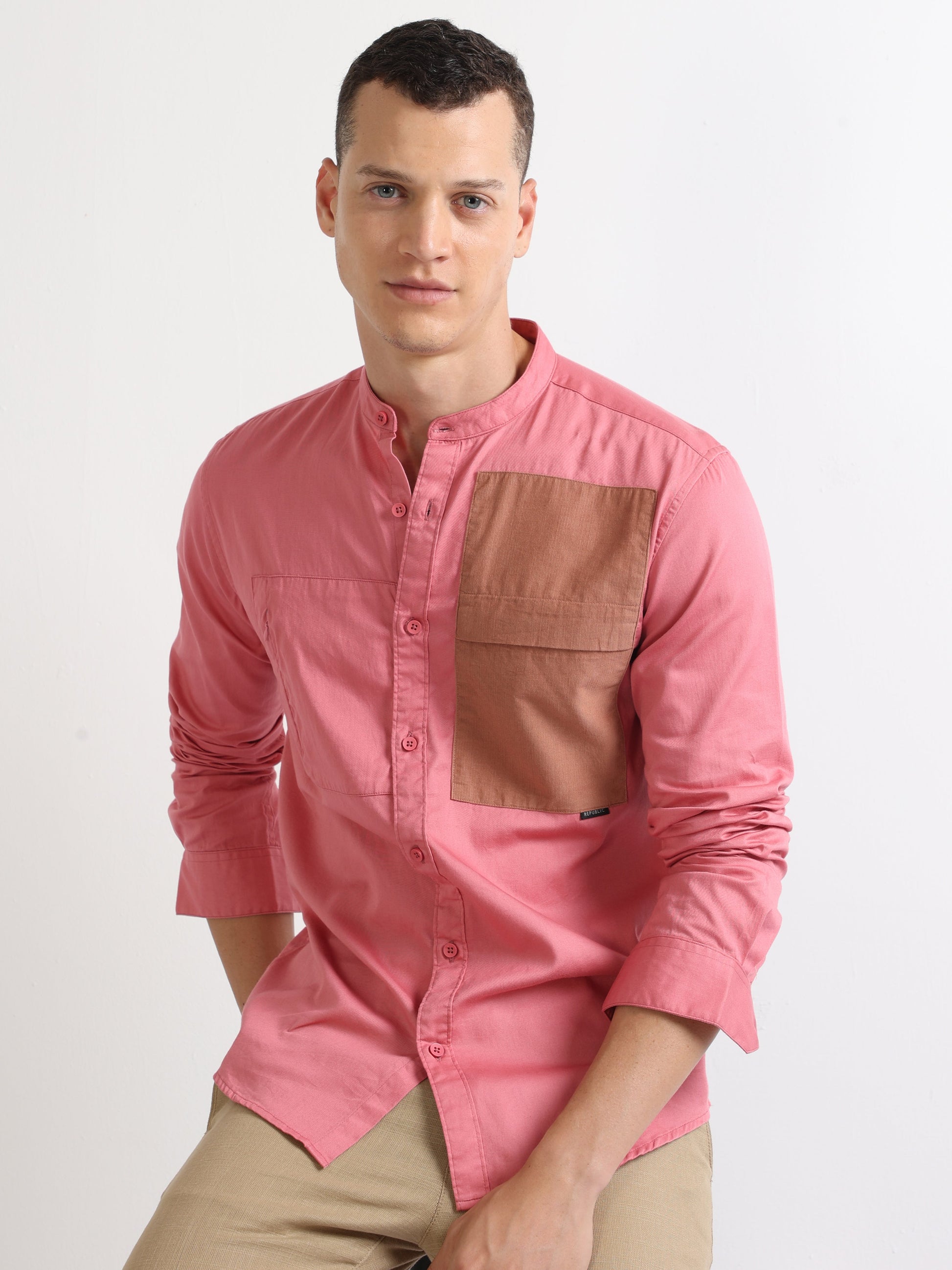 Pink Men's Chinese Collar Fashionable Double Pocket Shirt