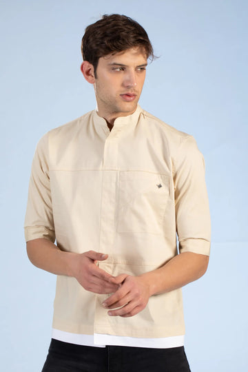 Cream Men's Chinese Collar Five Sleeve Plain Shirt