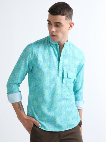 green chinese collar double pocket floral printed shirt