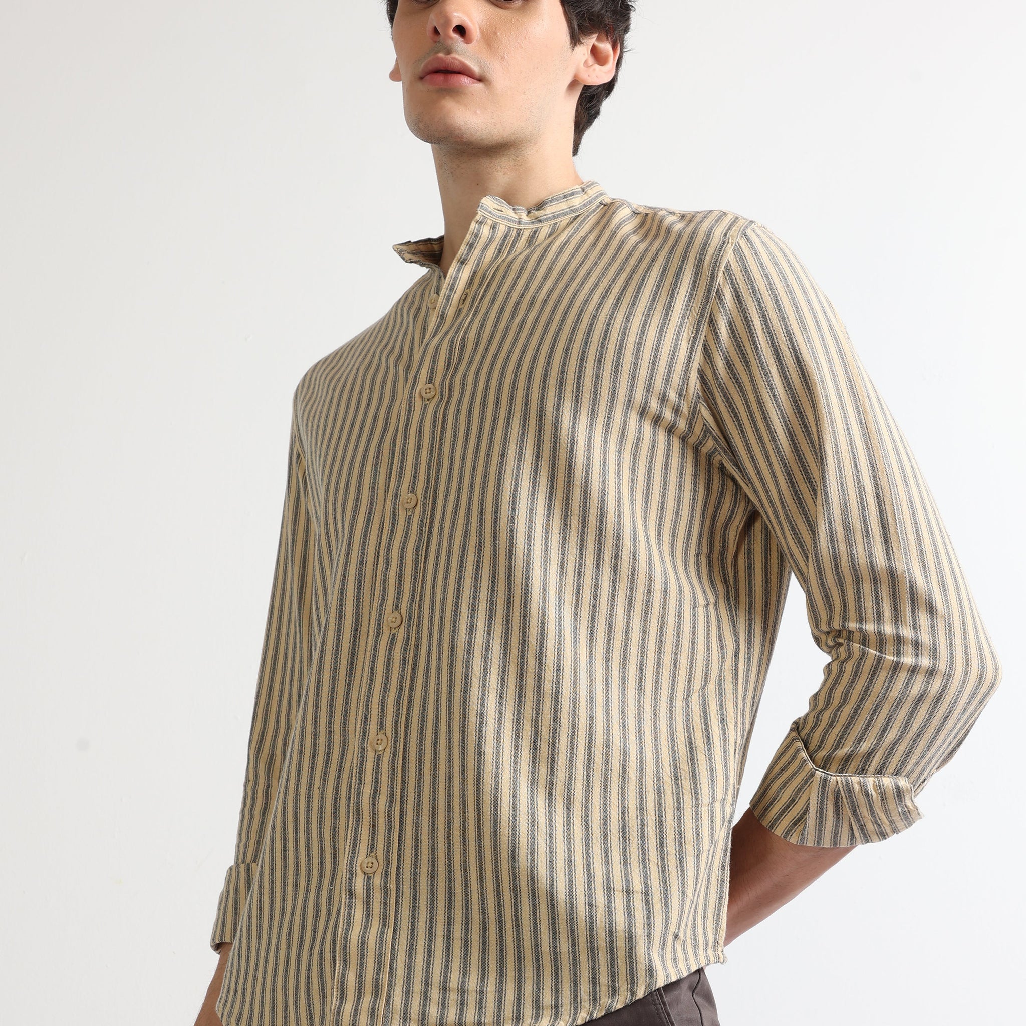 beige chinese collar full sleeve men's striped shirt