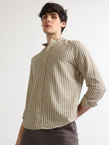 beige chinese collar full sleeve men's striped shirt