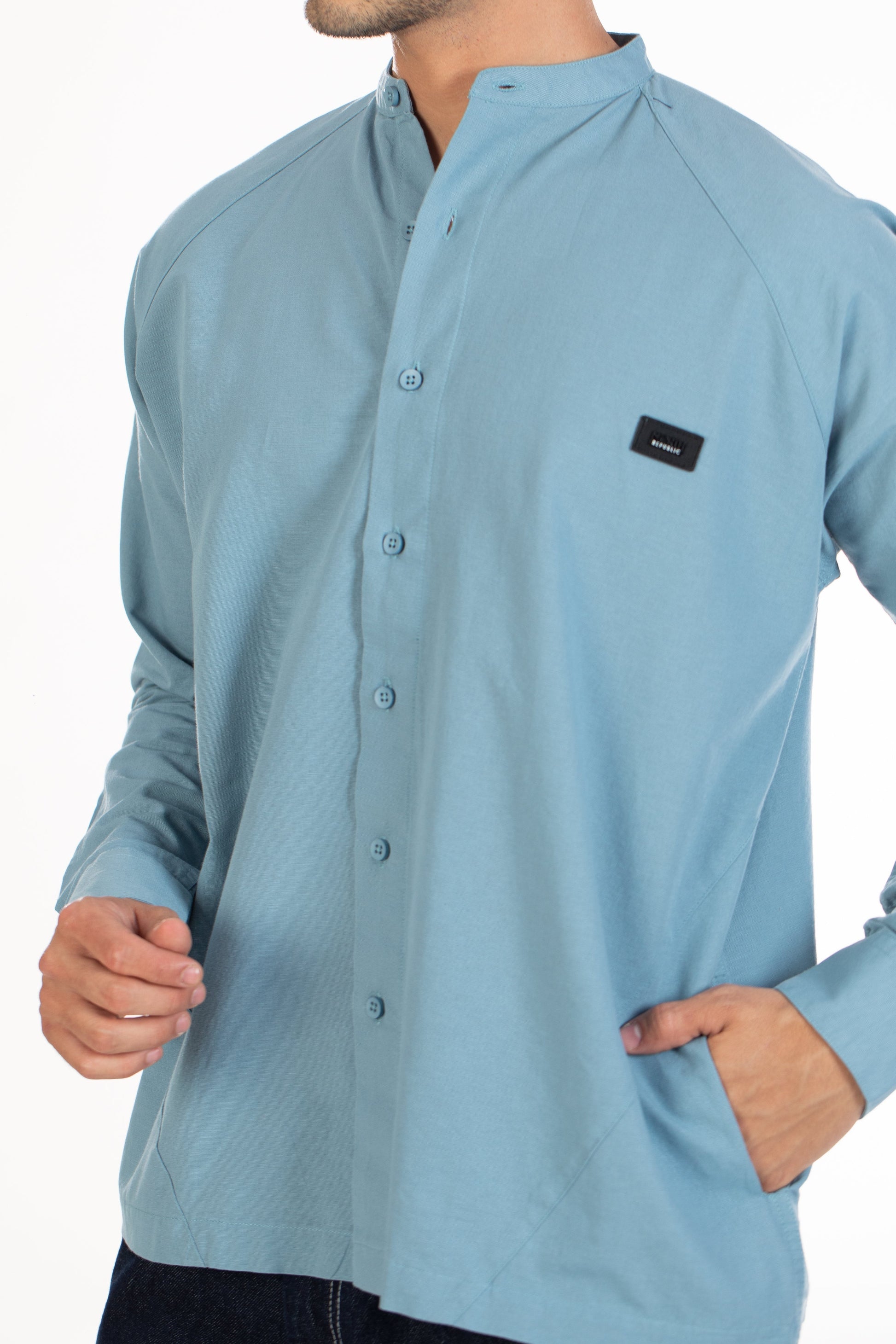 Light Blue Chinese Collar Giza Jute Cotton Men's Plain Shirt