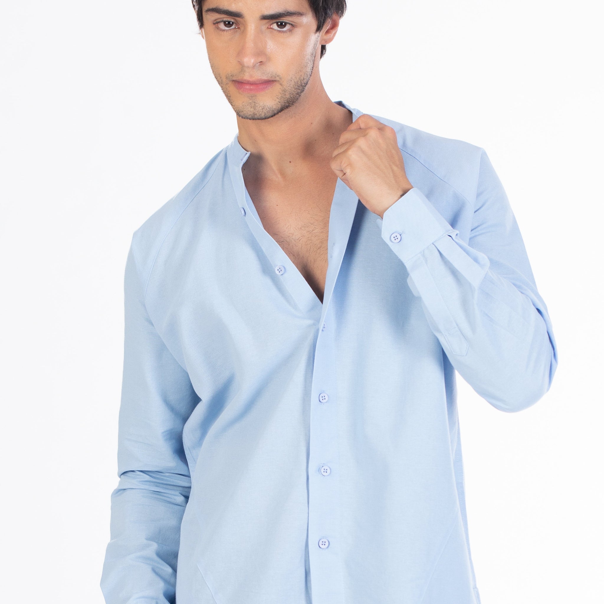 Sky Blue Chinese Collar Giza Jute Cotton Men's Plain Shirt