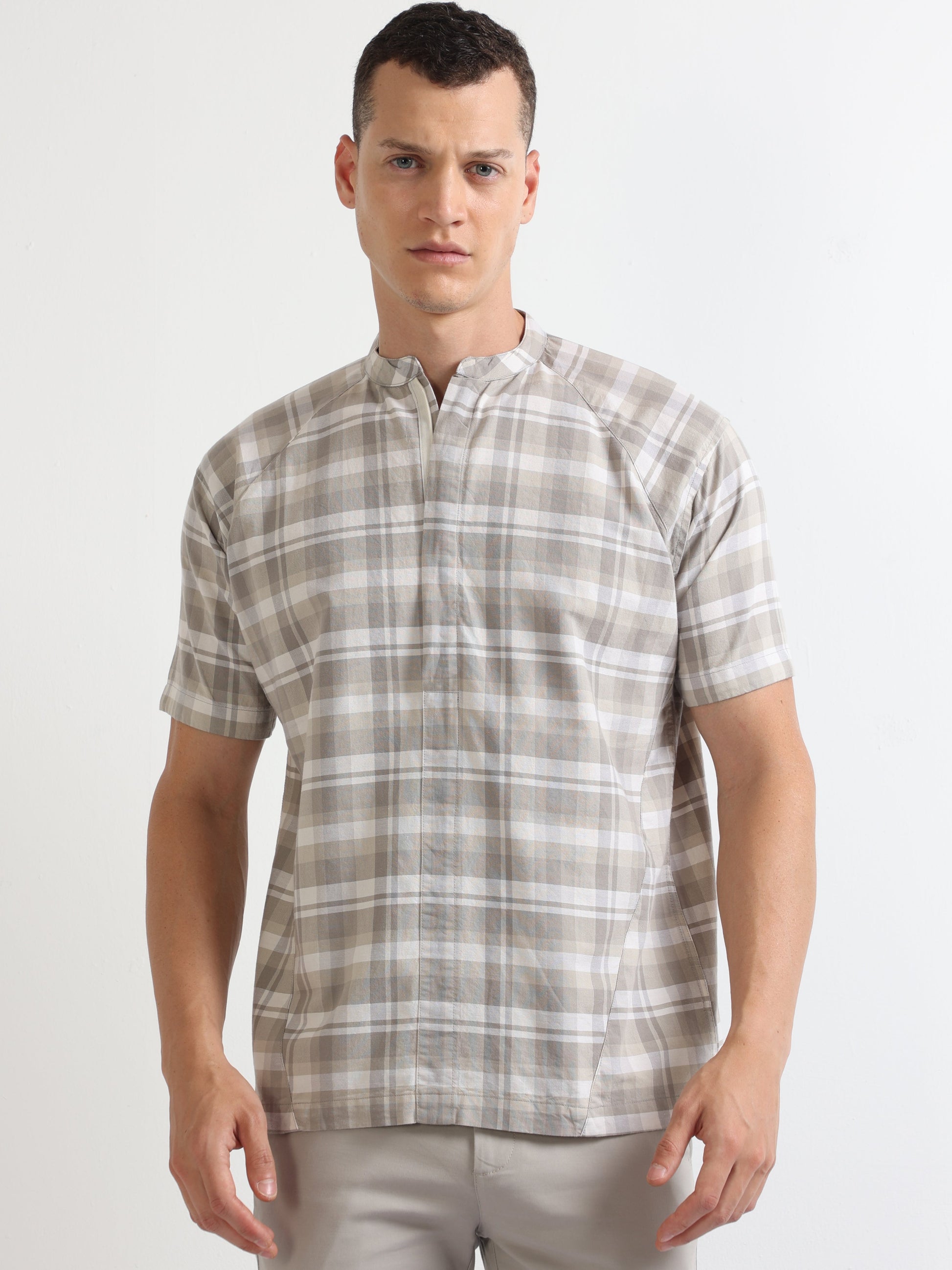 Buy Chinese Collar Natural Colour Checked Shirt Online.