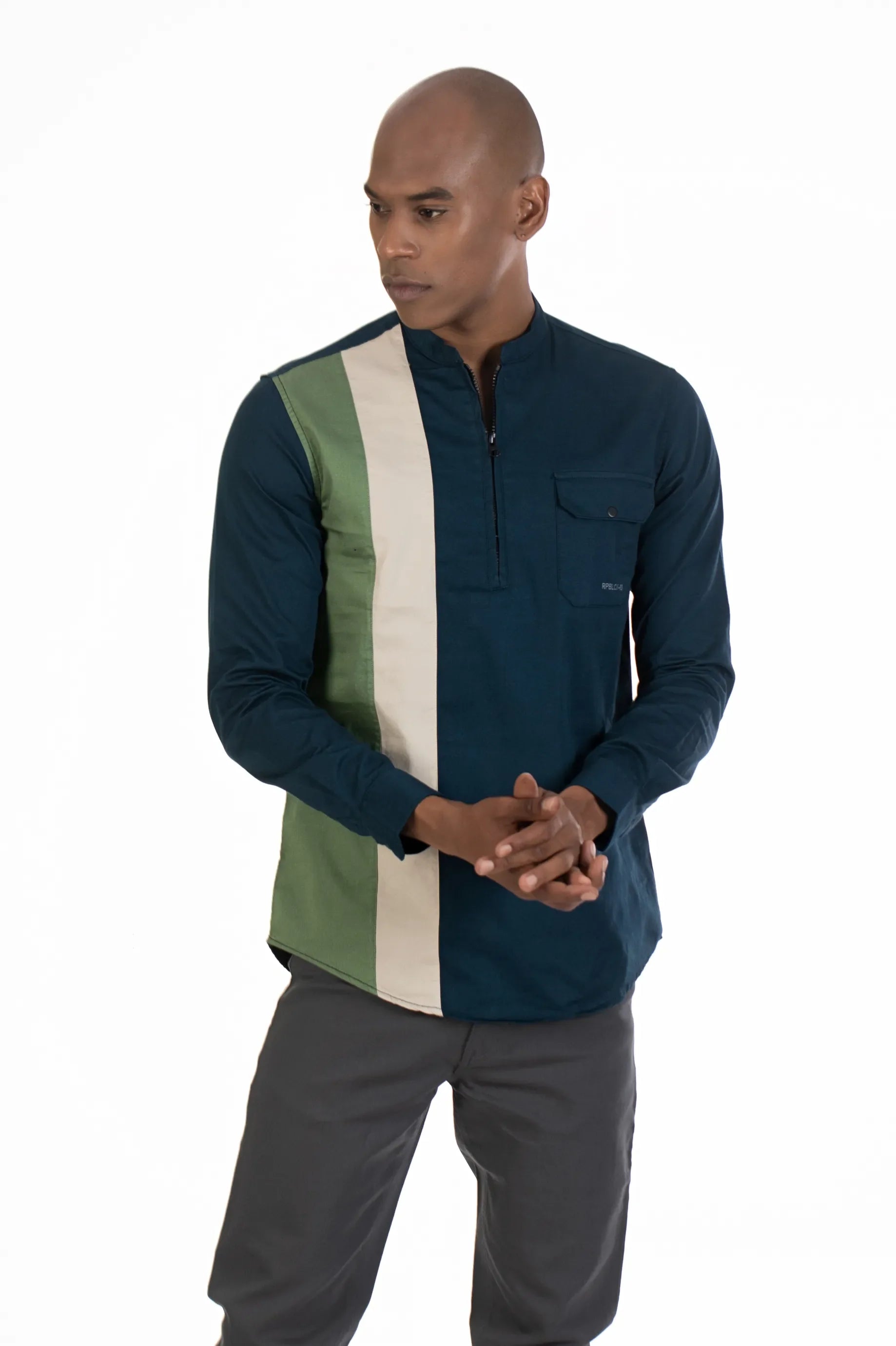 Blue Men's Chinese Collar Plain Shirt