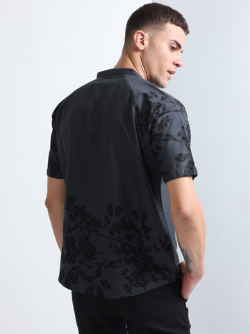 Grey Men's Chinese Collar Raglan Sleeve Stylish Plain Shirt