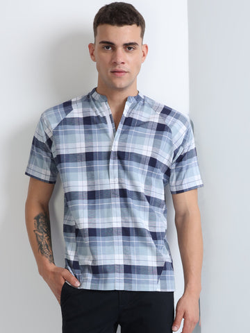 blue Chinese collar self mix men's checked  shirt