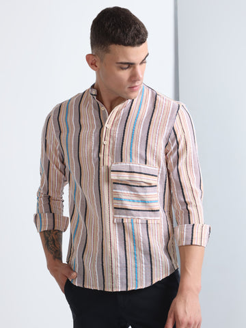Buy Chinese Collar Vintage Striped Flap Pocket Shirt Online.
