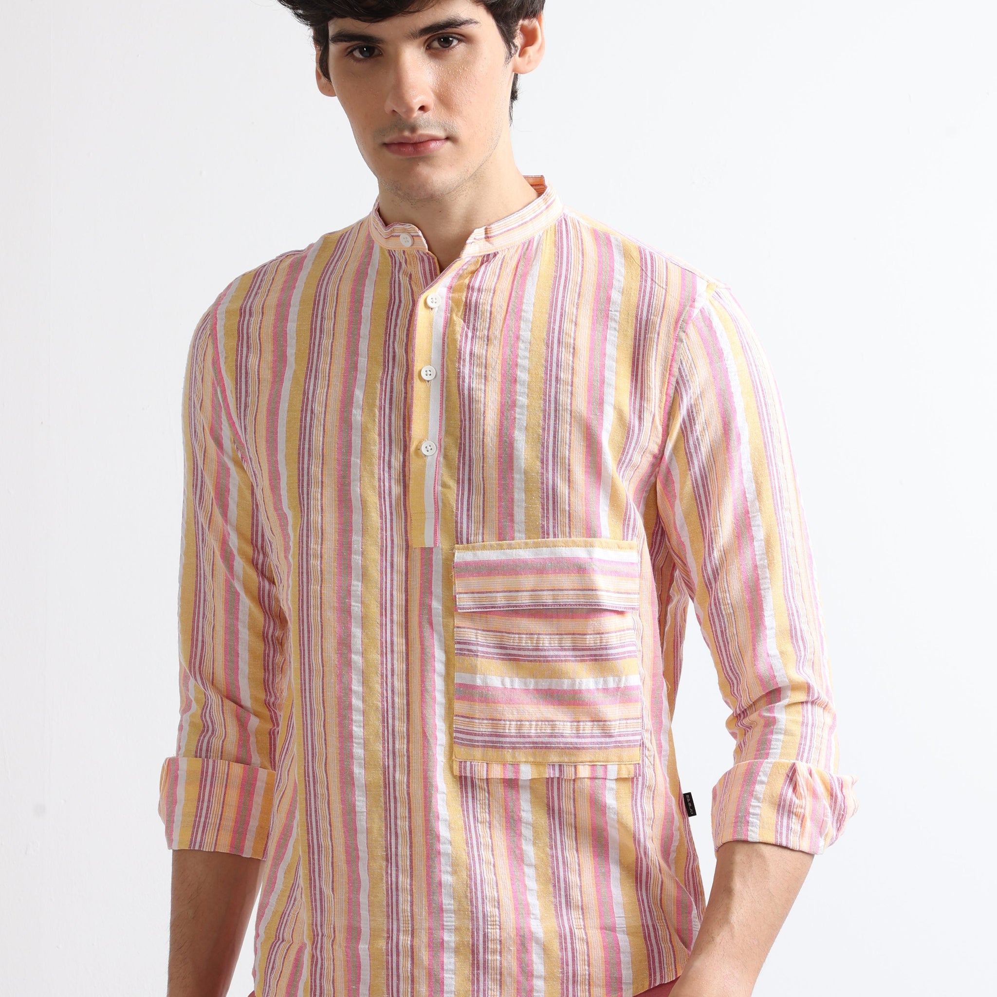 Buy Chinese Collar Vintage Striped Flap Pocket Shirt Online.