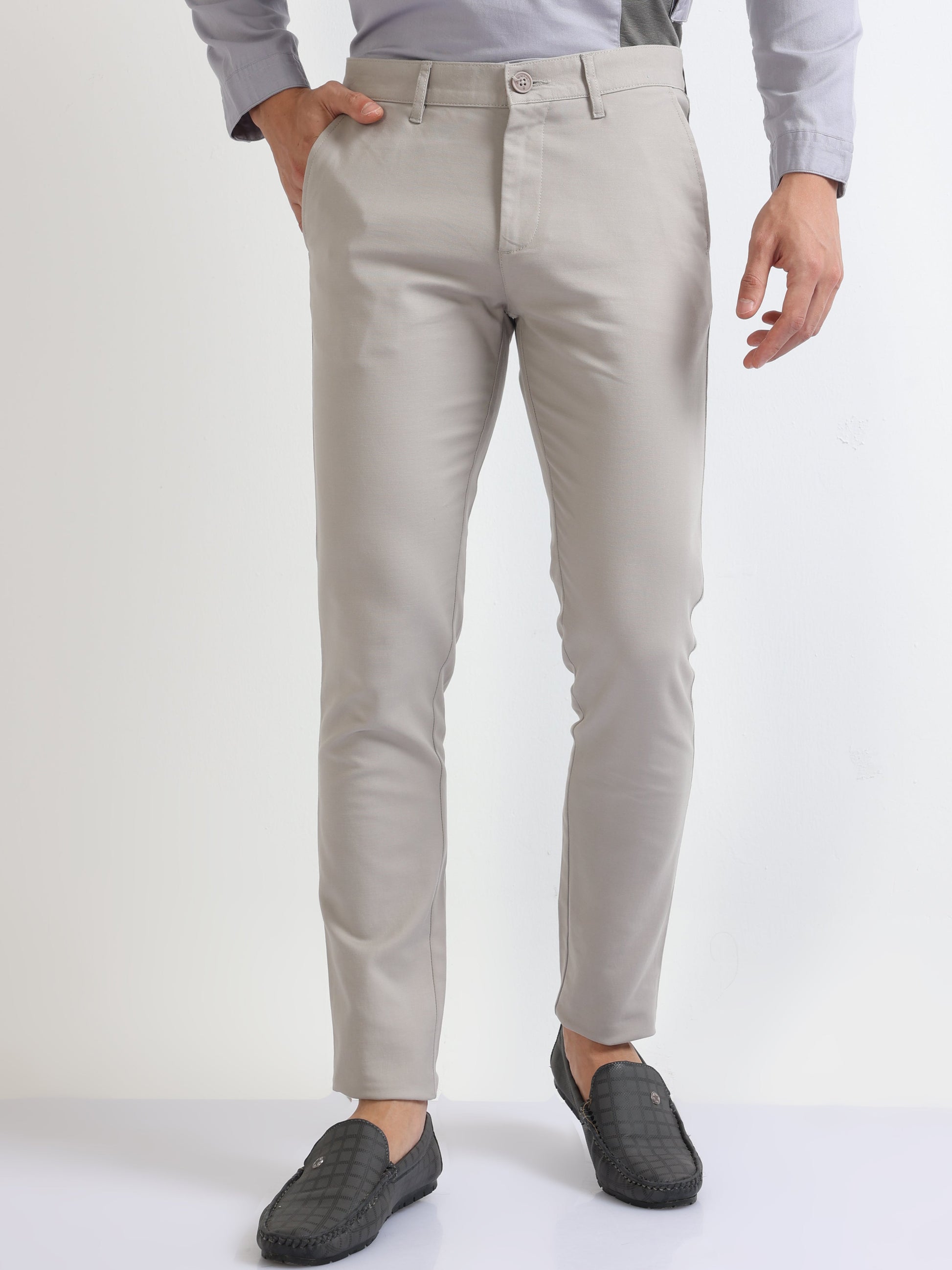 Buy Beige Cotton Stretch Men's Tapered Fit Trousers-North Republic