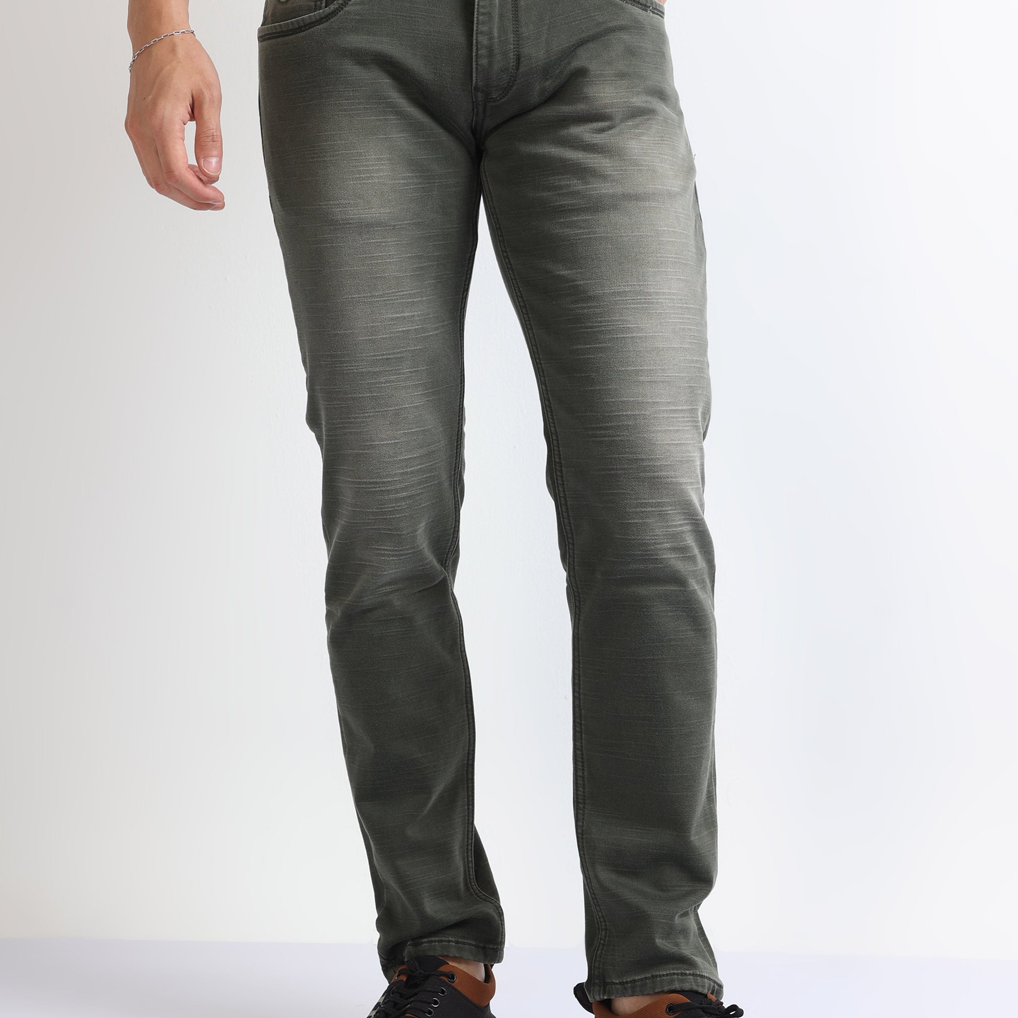 Green Colored Textured Men's Jeans