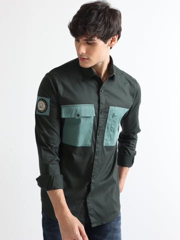 Dark Green Men's Contrast Stylish Double Pocket Plain Shirt