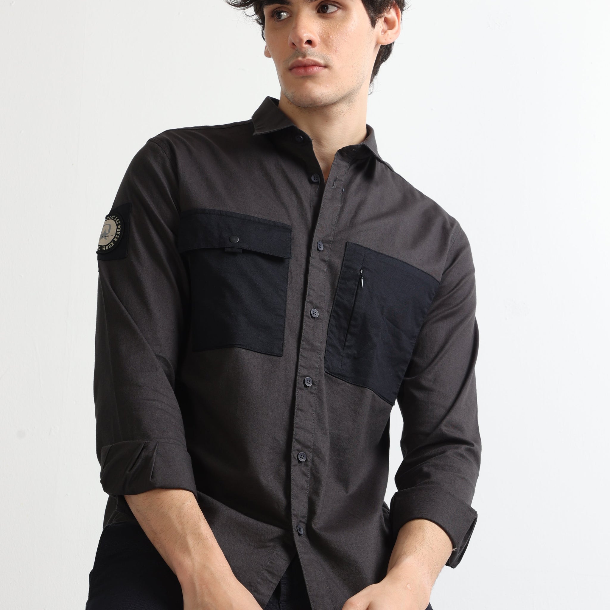 Dark Grey Men's Contrast Stylish Double Pocket Plain Shirt