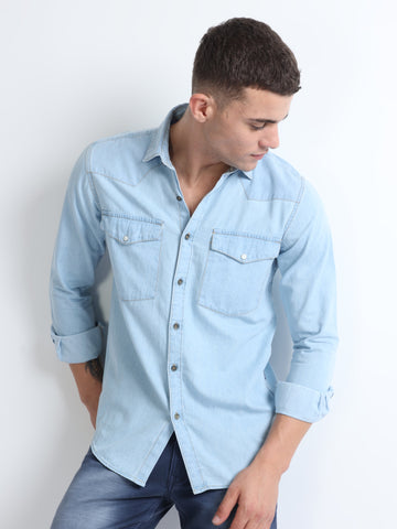 Buy Cool Blue Contrast Thread Double Pocket Shirt Online