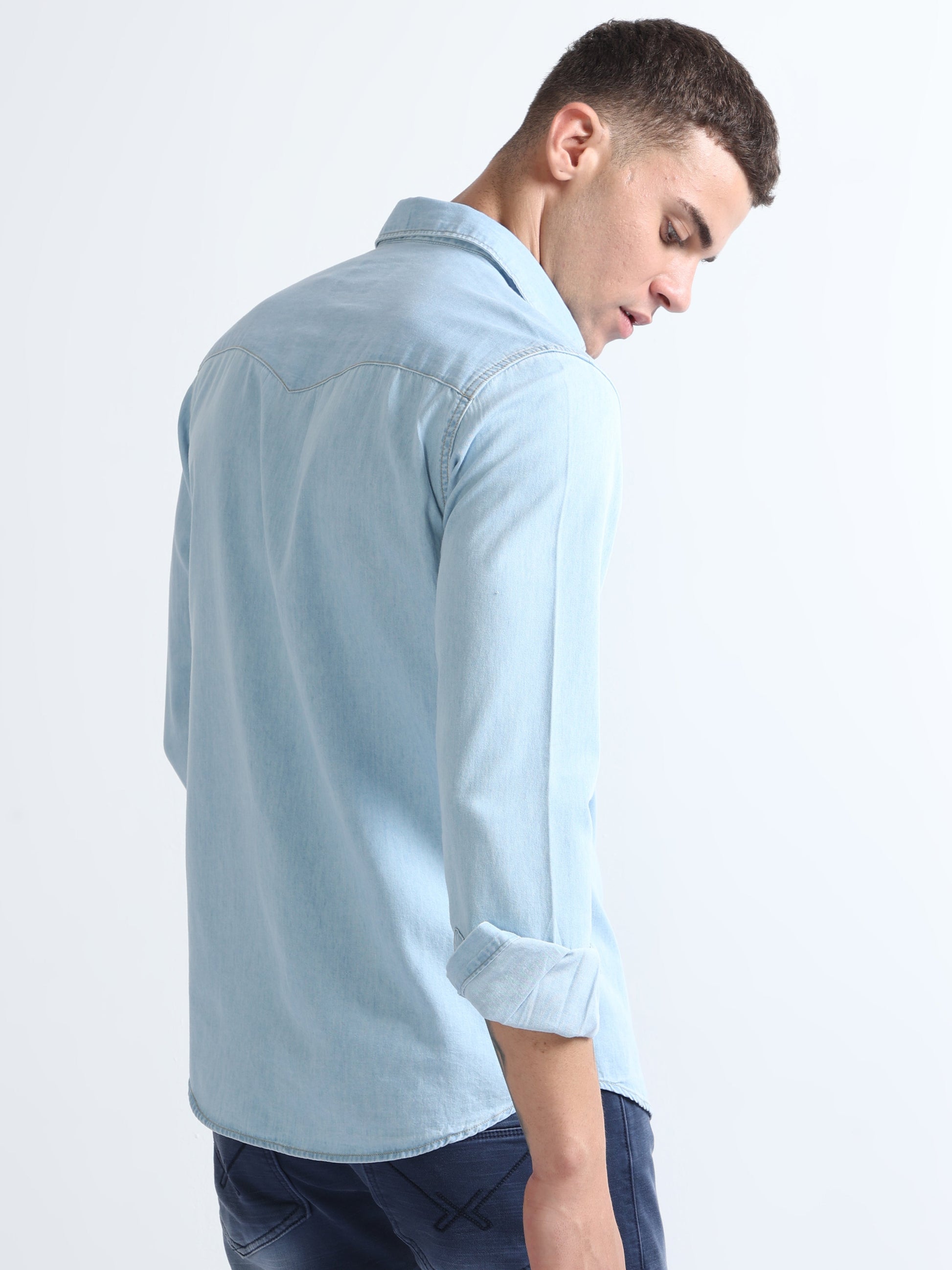 Buy Cool Blue Contrast Thread Double Pocket Shirt Online.