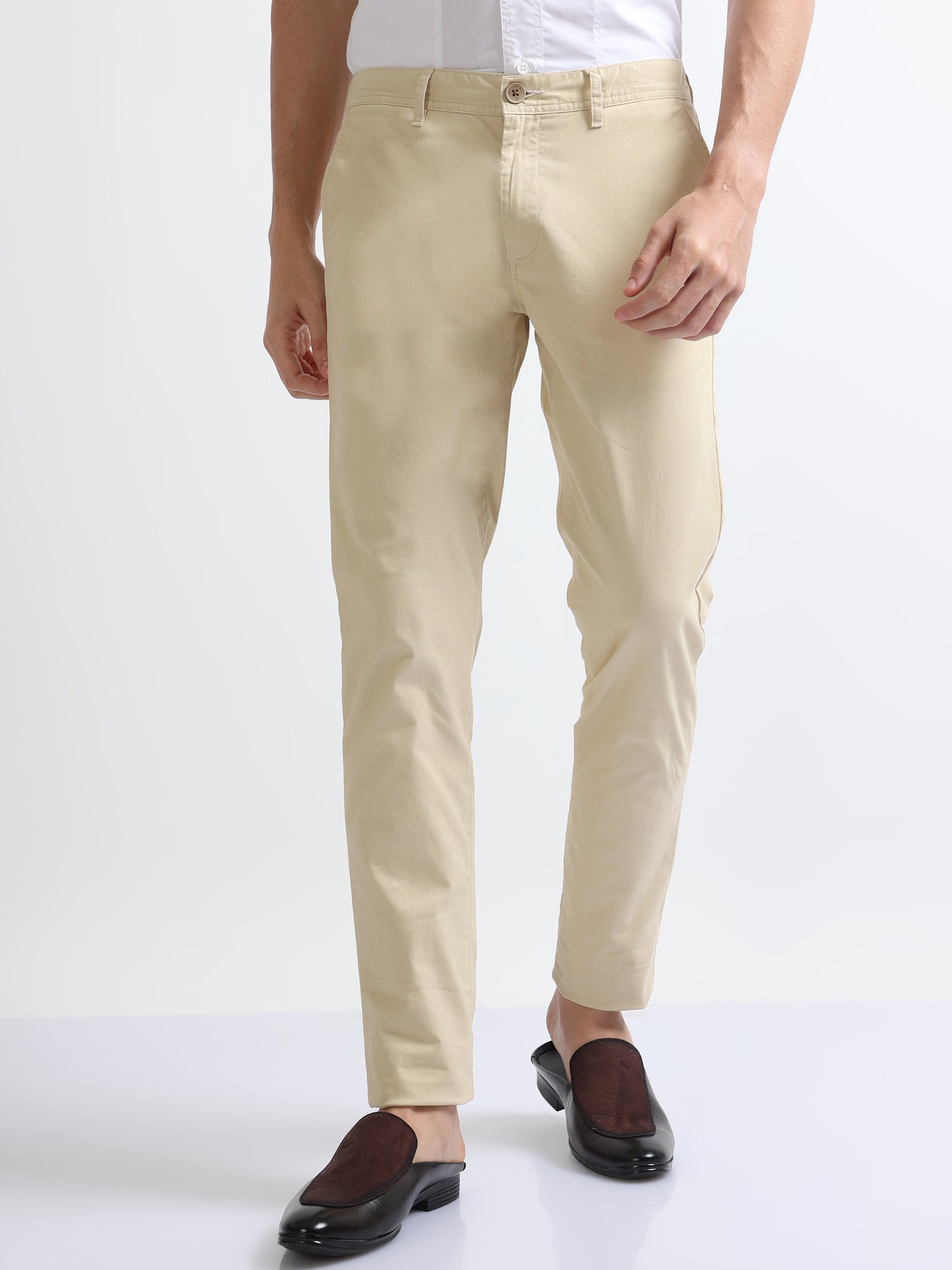 Light Beige Men's Cotton Twill Stretch Trousers