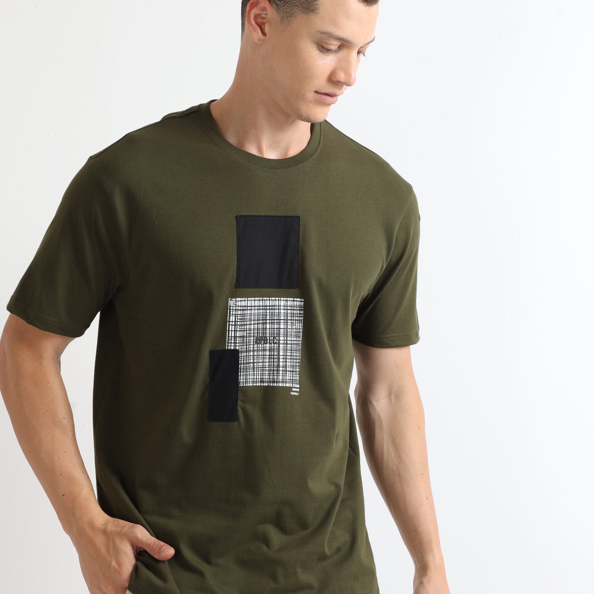 Olive Crew Neck Chest Graphic Printed T Shirt