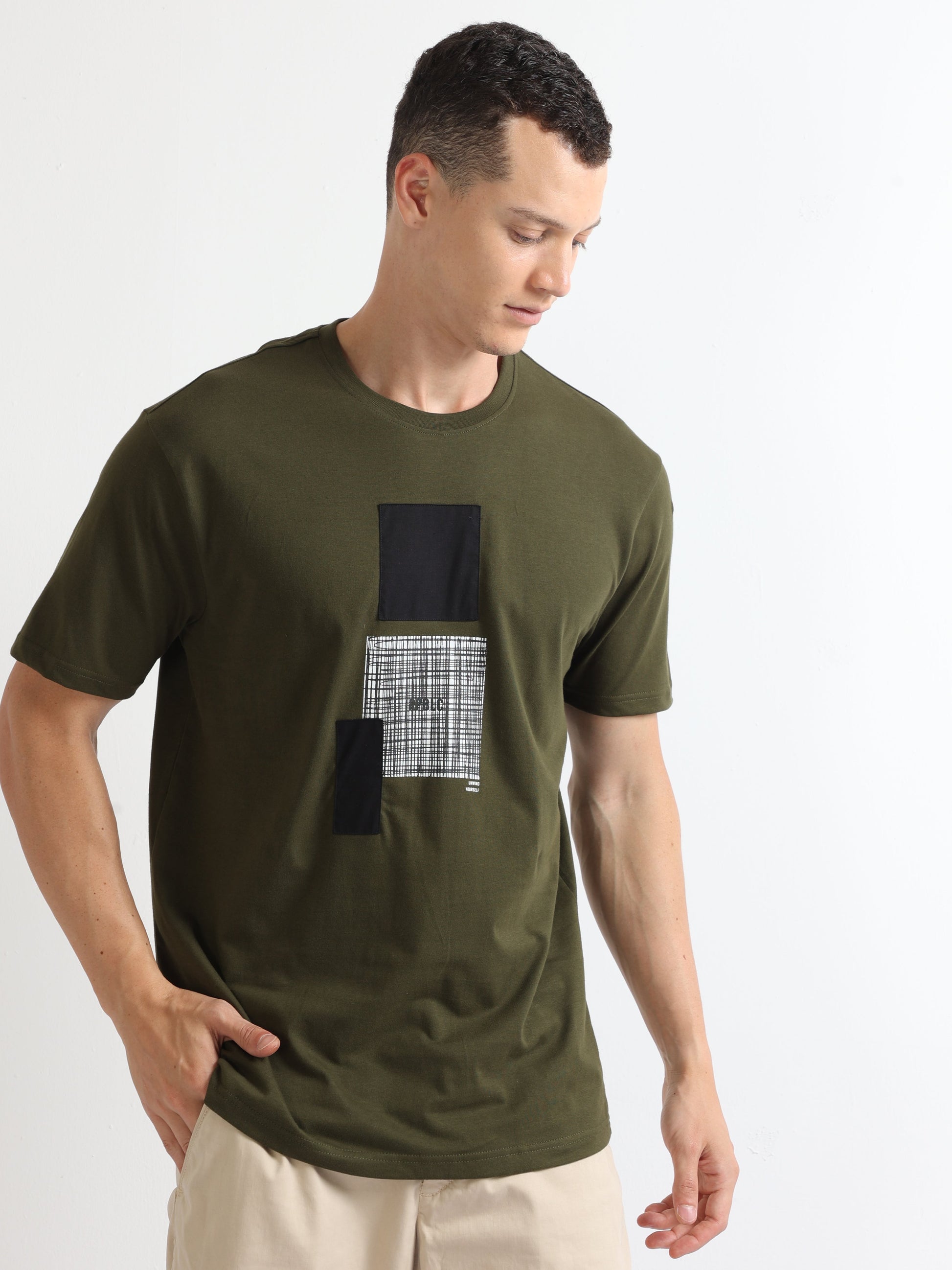 Buy Crew Neck Fashion T-Shirt With Chest Graphic With Patch Online.