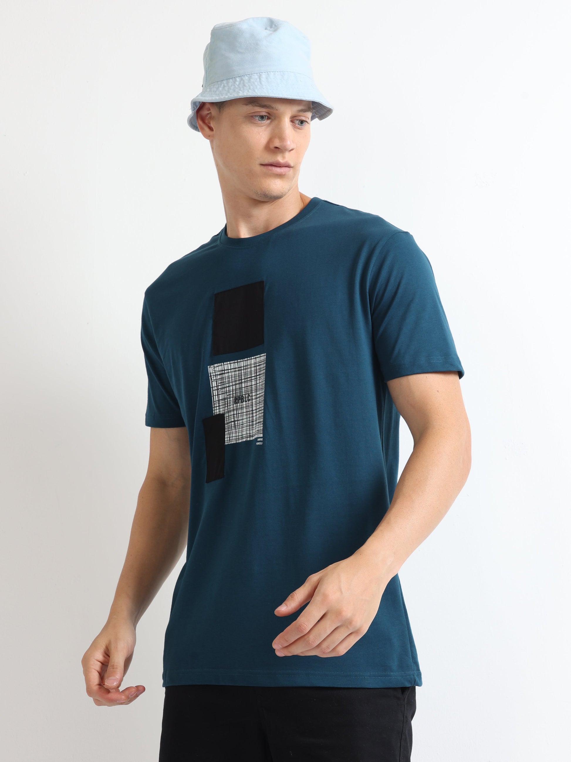 Teal Crew Neck Chest Graphic Printed T Shirt