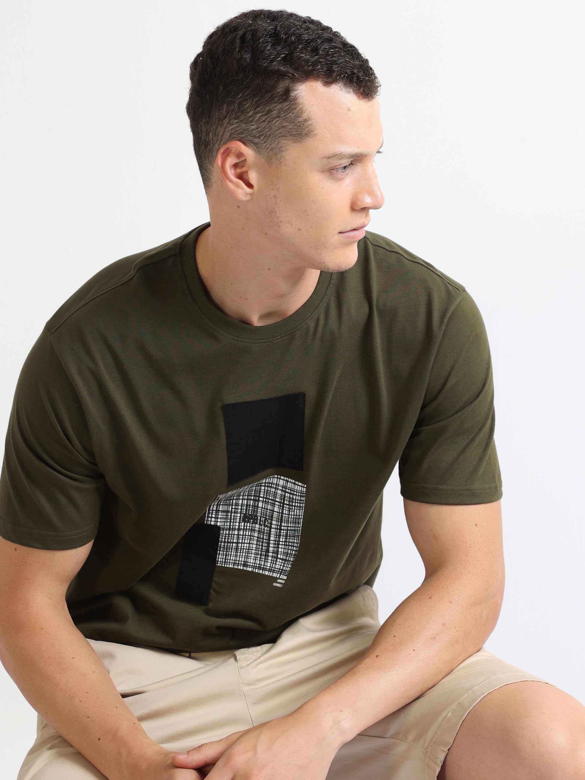 Olive Crew Neck Chest Graphic Printed T Shirt