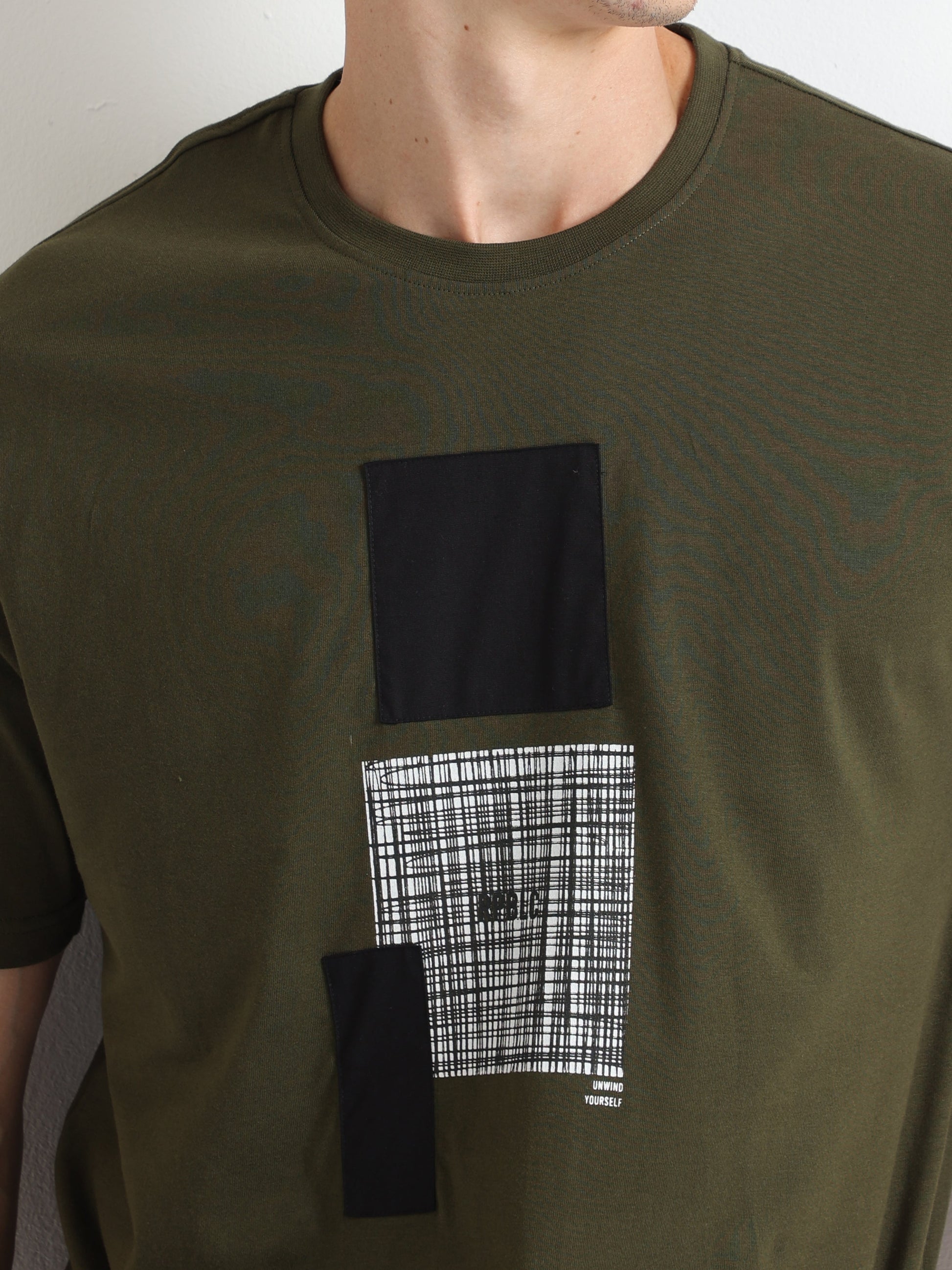 Olive Crew Neck Chest Graphic Printed T Shirt
