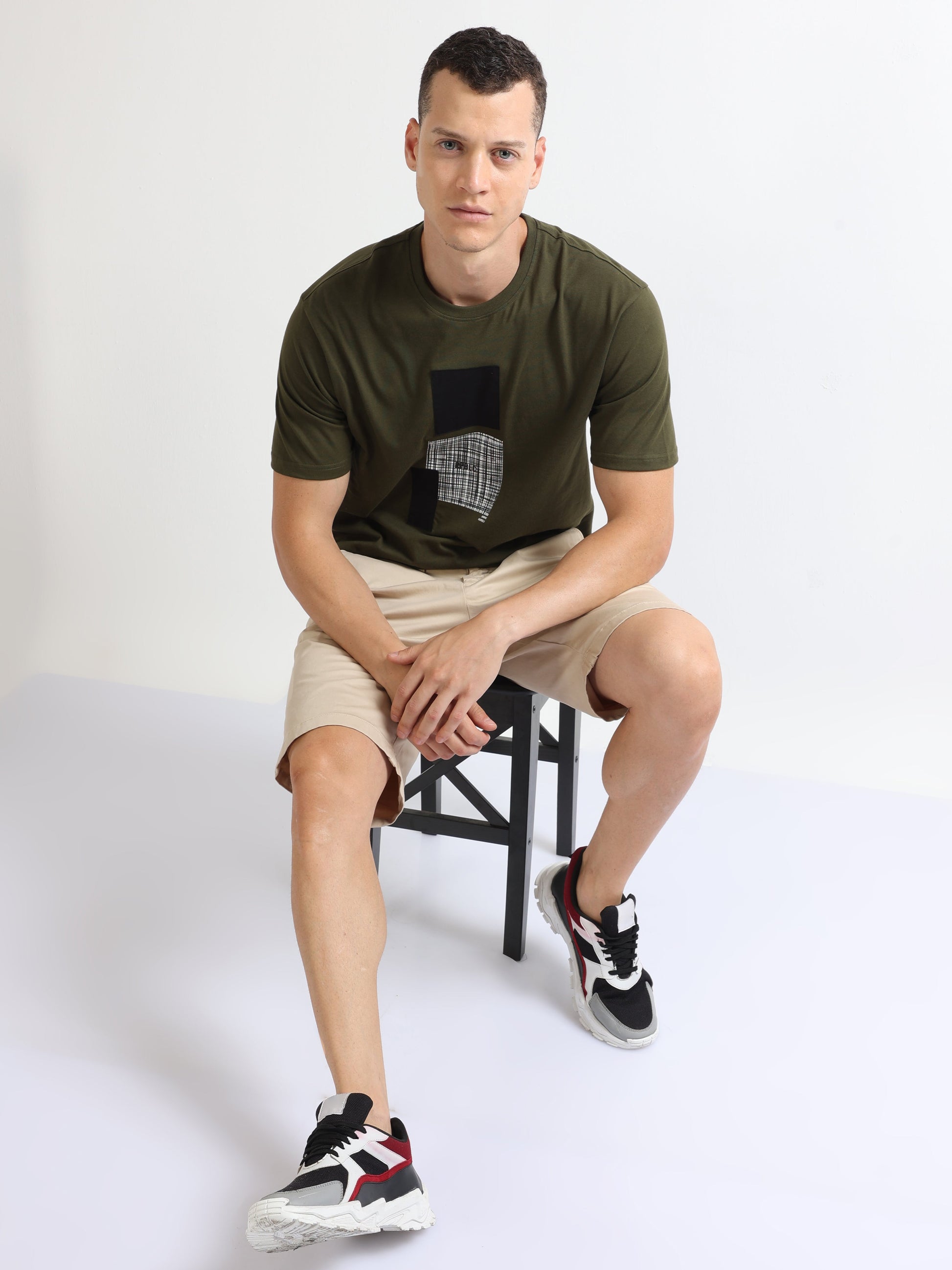 Olive Crew Neck Chest Graphic Printed T Shirt