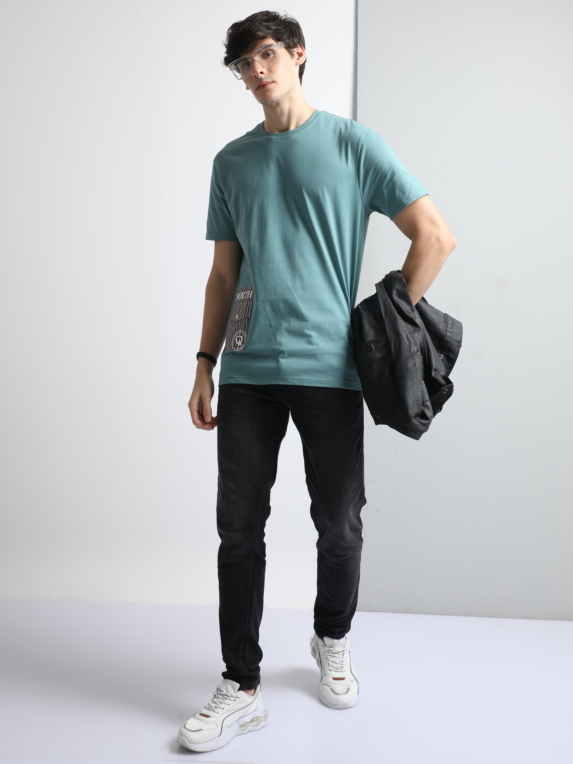 Green Crew Neck Fashion Printed T Shirt with Pocket