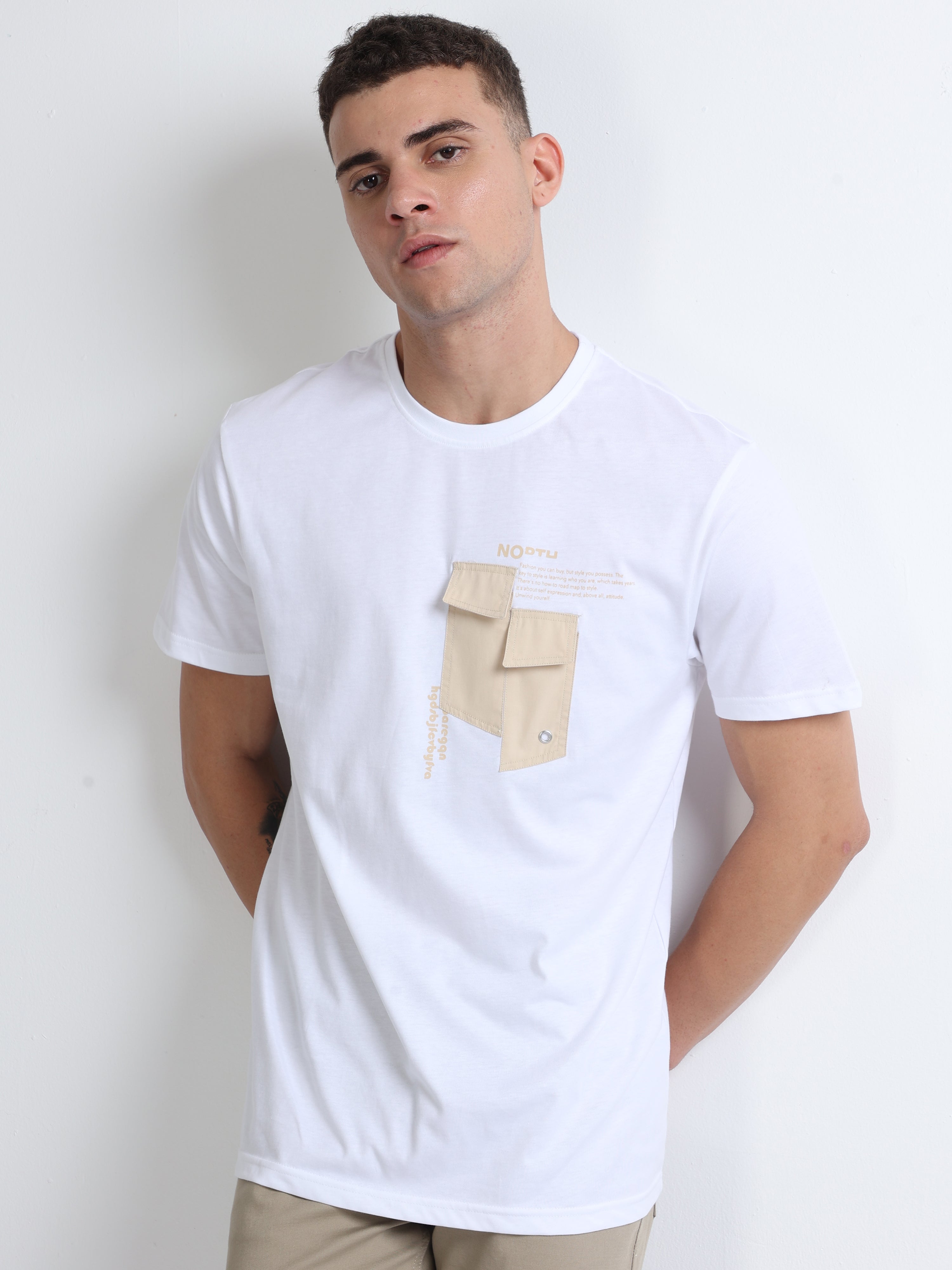 Graphic　White　T-Shirt　Printed　Pocket　Online　Buy　Neck　Crew　With