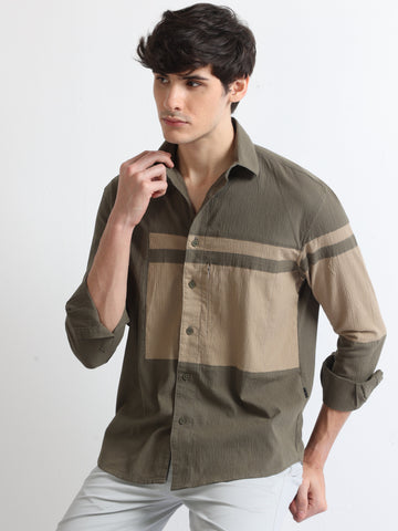 Olive Men's Crushed Panel Stylish Shirt