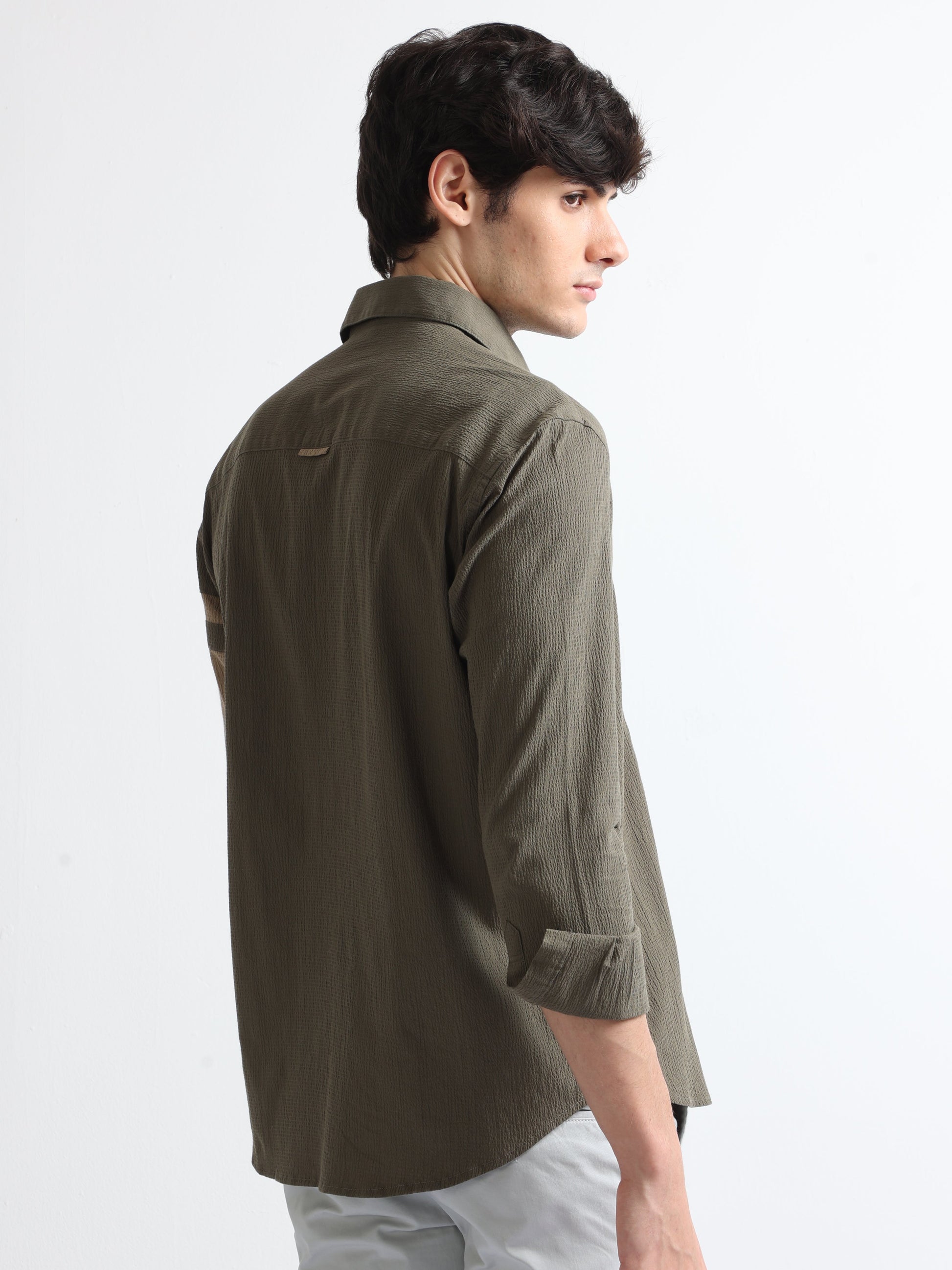 Olive Men's Crushed Panel Stylish Shirt