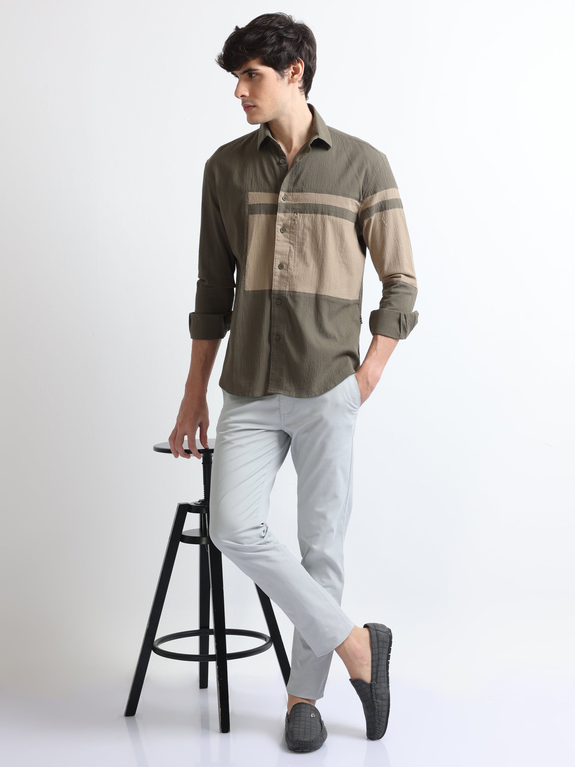 Olive Men's Crushed Panel Stylish Shirt