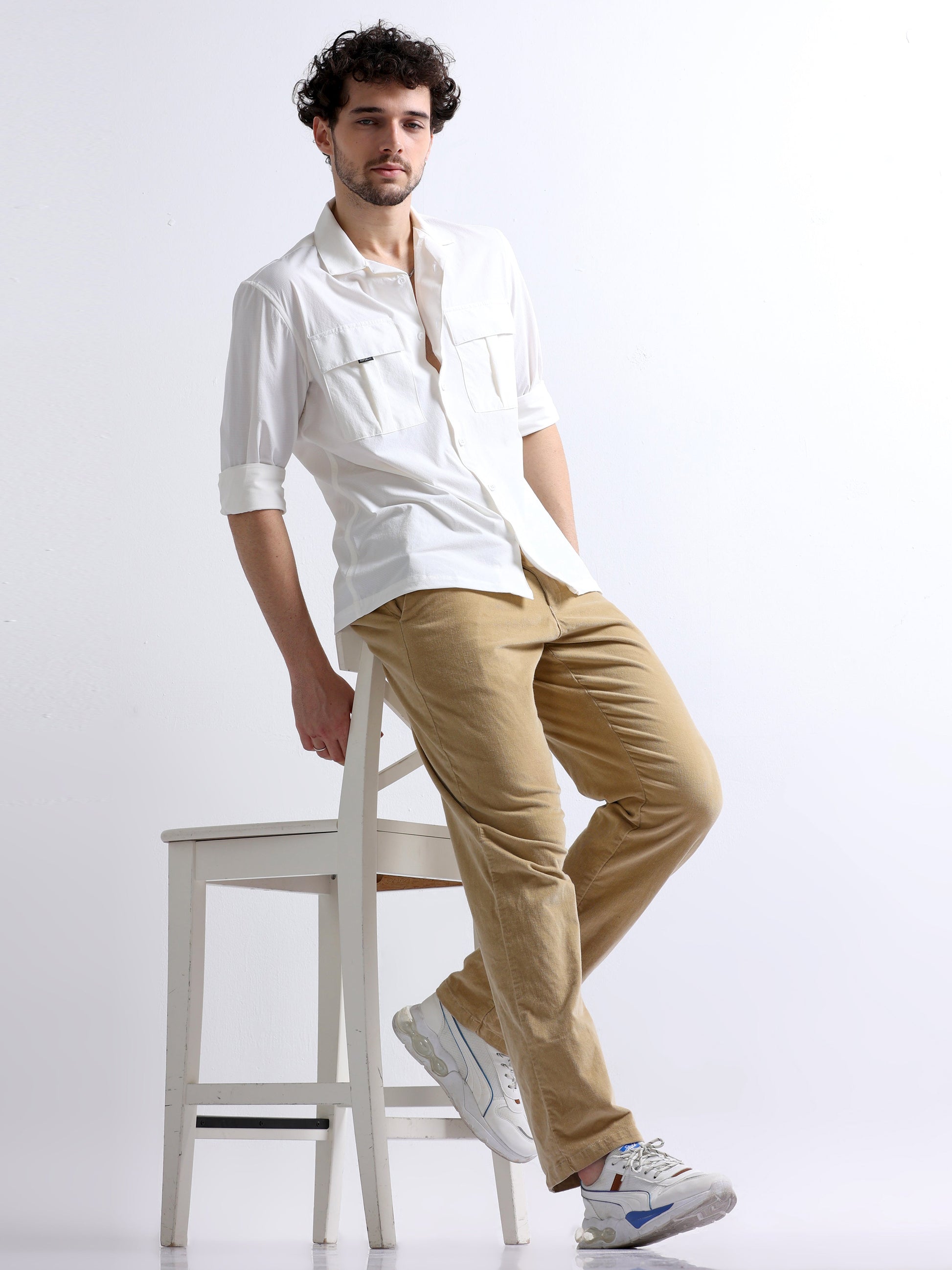 Men's Cuban Collar Cargo Double Pocket Shirt Online | White